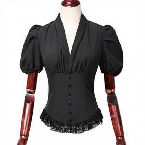 Chemisier vintage noir à manches bouffantes avec bordure en dentelle, col drapé, grande taille, haut pour femme, chemise à manches courtes en satin boutonnée sur le devant - Product Image 3