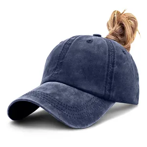 Chapeau de chignon rétro en détresse lavé en sergé pour femmes casquette de Baseball réglable chapeau de Golf chapeau de papa avec trou de queue de cheval