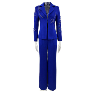 Costume <span class=keywords><strong>pantalon</strong></span> <span class=keywords><strong>bleu</strong></span> royal pour femme, blazer cintré avec broderies de perles faites à la main sur les manches, revers cranté - Product Image 1