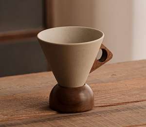 Tasse à café <span class=keywords><strong>en</strong></span> céramique rétro, ensemble de tasses à café créatives <span class=keywords><strong>en</strong></span> forme de cône, élégante petite tasse à thé <span class=keywords><strong>en</strong></span> <span class=keywords><strong>bois</strong></span> avec poignée <span class=keywords><strong>en</strong></span> <span class=keywords><strong>bois</strong></span> massif et sous-verre - Product Image 5