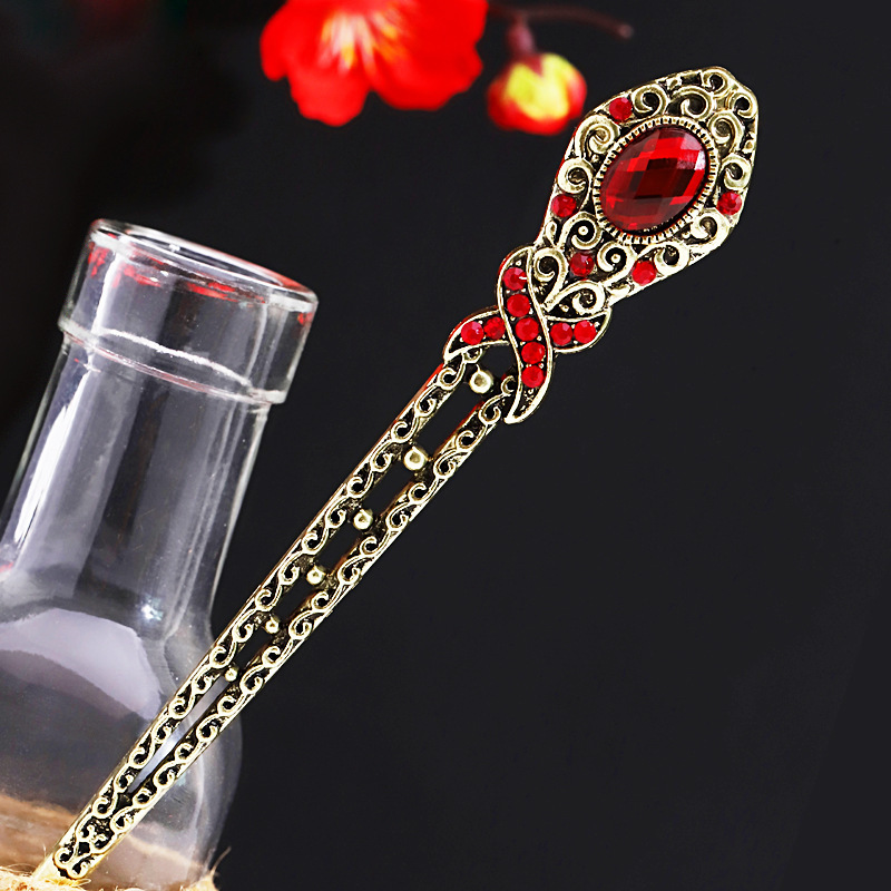 Новинка, универсальные аксессуары Hanfu в китайском стиле, Шпилька для волос с красными/фиолетовыми стразами в стиле ретро