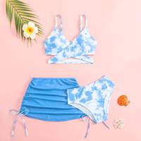 Ensemble de maillots de bain 3 pièces pour filles, couleurs vives, avec haut dos nu croisé, bas à cordon de serrage et jupe de plage