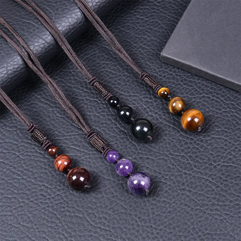 YICAI kalung liontin batu manik-manik Chakra perlindungan berkat keberuntungan untuk pria wanita 3 manik kristal mata harimau kalung Amethyst