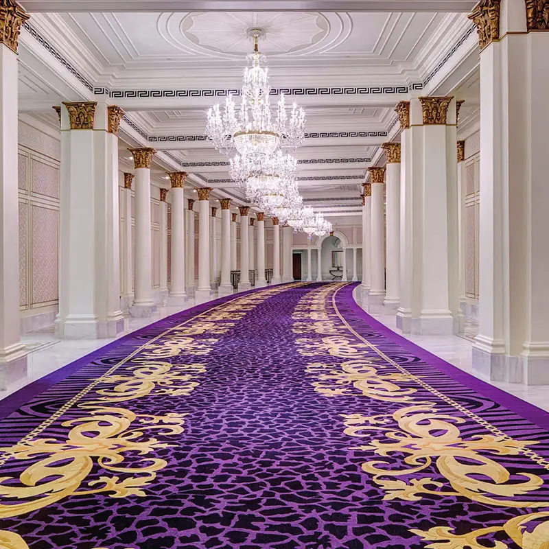 주문을 받아서 만들어진 화려한 고급 나일론 인쇄 보라색 호텔 카펫 5 성급 호텔 거실 복도 카지노 카펫