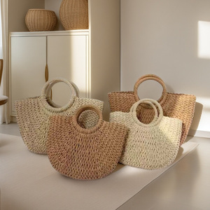 Bolso de Hombro Tipo Tote de Verano para Mujer, Estilo Bohemia, Tejido a Mano, de Ratán, con Forro de Lino y Algodón, Cierre de Cremallera, Logotipo Impreso - Product Image 1