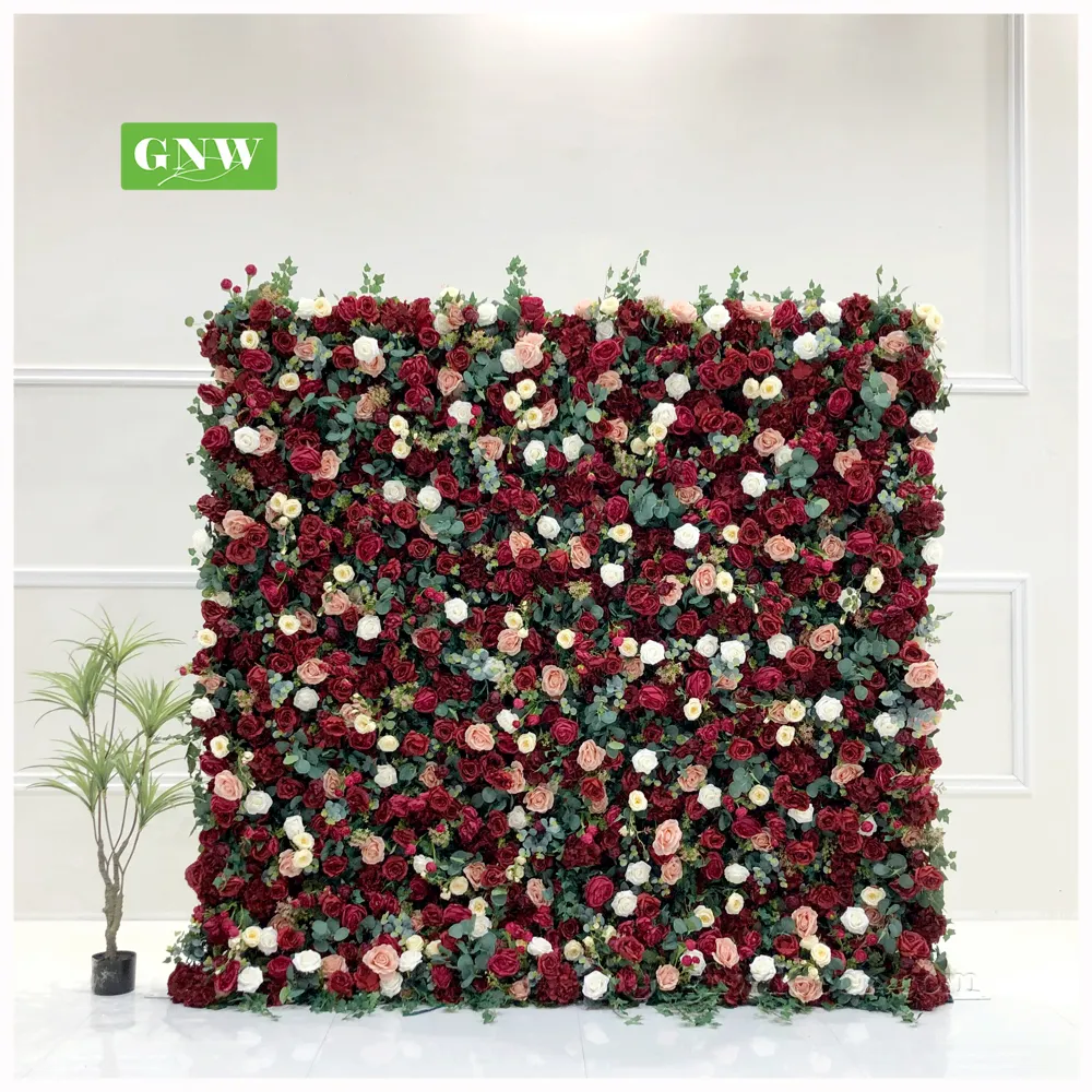 GNW — décoration murale de scène couleur bordeaux, panneau en tissu pour événements, d'hortensia, fleurs vertes, décoration murale pour mariage