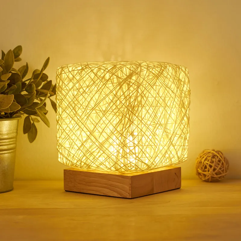 Moderne Romantische Nacht Licht Natuurlijke Houten Base Led Vierkante Tafellamp Voor Bed