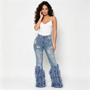 <span class=keywords><strong>Jean</strong></span> évasé femme en denim extensible <span class=keywords><strong>taille</strong></span> <span class=keywords><strong>haute</strong></span>, avec ourlet en plumes d'autruche et déchirures, style moulant sexy, grande <span class=keywords><strong>taille</strong></span>, Legging 2026 - Product Image 4