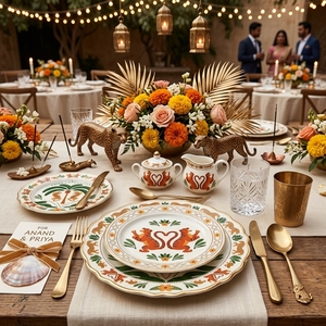 Ensemble de vaisselle en céramique de luxe, motif tigre de la jungle, léopard, palmier tropical, vaisselle en porcelaine rétro, assiette ronde pour salade et dessert - Product Image 2