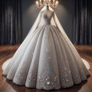 Vestido de Novia Clásico Vintage de Gasa con Escote Corazón, Manga Larga, Largo hasta el Suelo, con Cuentas, Cola Catedral y Corte Imperio - Product Image 2