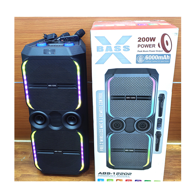Dual 12 Inch Stereo Woofer Karaoke Speaker 2 Mic RGB Light HIFI Super Bass Blue-tooth Tower Outdoor Party DJ Wireless Speaker