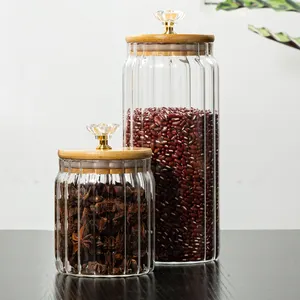 Grand bocal de stockage hermétique en verre borosilicaté avec couvercle en bambou Boîte alimentaire pour pâtes, riz, bonbons