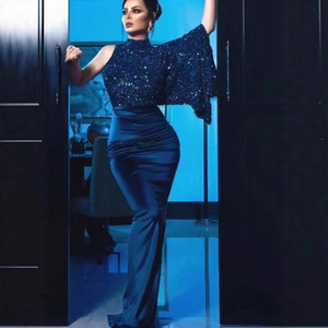 Robe de soirée asymétrique à sequins pour femme, col montant, longue, moulante, violette et bleue, en polyester, tenue de cérémonie - Product Image 2