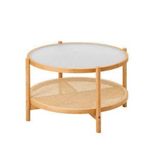 Round Coffee <b>Table</b> With <b>Rattan</b> Shelf Tempered Glass Top Solid Wood Frame Living Room Furniture <b>Small</b> Apartment Use - Product Image 5