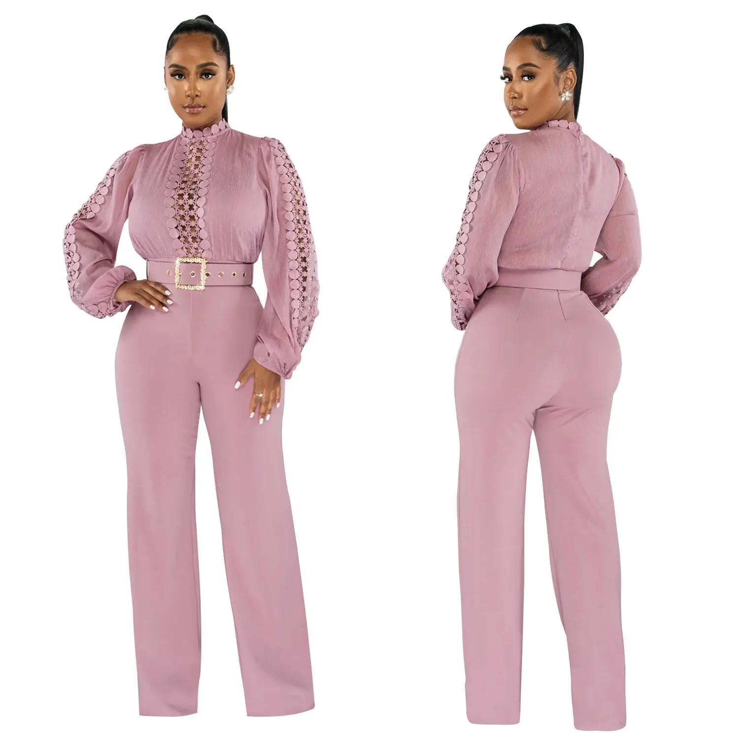 Elegant Formal One Piece Hollow Cut Out Jumpsuit Plus Size Straight Pants Puff Long Sleeve Jumpsuits for Woman