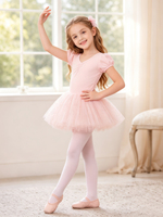 Maillot de Ballet para Niñas con Mangas Abullonadas, Cuello en V, Lazo en la Espalda, Tutú con Lentejuelas, Vestido de Princesa para Actuaciones de Danza Infantil