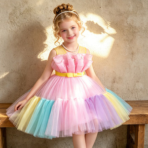 Girls Colorful <b>Patchwork</b> Princess Dress Sleeveless Color Block Bow Tutu <b>Skirt</b> For Party Performance 363 - Product Image 1