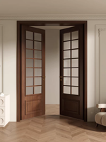Porte en bois à charnières style médiéval avec placage bois et lignes décoratives, double porte en verre dépoli style mid-century