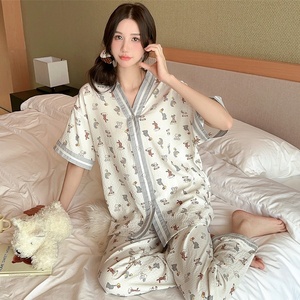 <span class=keywords><strong>Pijama</strong></span> de Satén con Estampado Floral para Mujer de Verano Camisón de Gasa de Manga Corta con Pantalones Largos Ropa de Dormir para Damas - Product Image 2