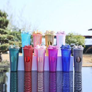 Vaso térmico de plástico metálico con diseño de diamante y doble pared con aislamiento al vacío, de 16oz/24oz, ecológico, con pajita tipo lazo. - Product Image 2