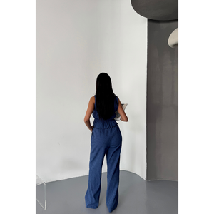 Conjunto de Mono Azul para Mujer GOFRE con Detalle de Lazo - Blusa y Pantalones - Product Image 1