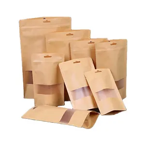 Stand Up Zipper Brown Kraft Paper Resealable Ziplock Heat Sealable Food Storage Doypack Packaging Pouches Bag With Clear Window