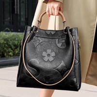 Tas Tote Kulit Asli Mewah Kustom Bermotif Bunga Kapasitas Besar dengan Ritsleting Gaya Retro Eropa Kelas Atas