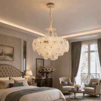 Lustre en verre floral cascade de luxe avec abat-jour en cristal superposés, ampoules à incandescence, variateur d'intensité, garantie de 2 ans