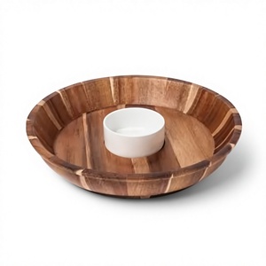 Ensemble de plateaux à chips et à trempettes en bois d'acacia écologique avec bol à trempette métallique amovible, plateau de service classique pour snacks et fruits - Product Image 1