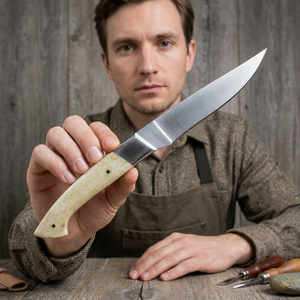 Cuchillo Dorgalesa hecho a mano con hoja de acero inoxidable, punta caída, filo recto, mango de hueso de camello y mango de cuerno de toro. - Product Image 3