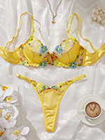 Ensemble soutien-gorge et string brodés floraux jaunes, lingerie en maille pour femmes, idéal pour la vente en boutique et les marques privées