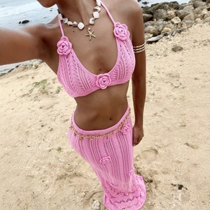 2026 été femmes Sexy flottant fleur suspendu cou débardeur tricoté jupe <span class=keywords><strong>maillot</strong></span> de bain 2 pièces nager couvrir Crochet <span class=keywords><strong>robe</strong></span> de plage - Product Image 2