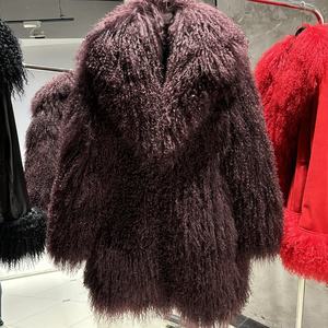 بورجوندي معطف فرو الغنم متوسط الطول مع ياقة للسيدات معطف فرو الغنم الحقيقي معطف الشتاء الدافئ قماش فرو مونجيليا - Product Image 2