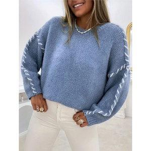 2026 Fall Winter New Euro-US Women's Casual Oversized Solid Color Crew Neck Drawstring Slim-Fitting Long-Sleeve <strong>Knitted</strong> <strong>Sweater</strong> - Product Image 2