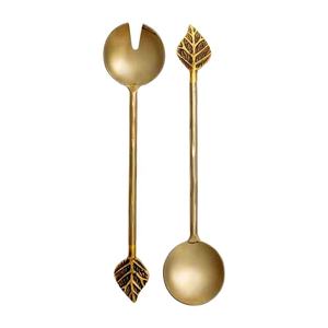 Handle Salad bar Serving Set <b>Decorative</b> Salad Servers Stainless Steel Gold Plated Salad Server with Brass Leaf End Handle - Product Image 1