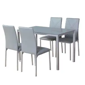 Kitchen Dining Table Set Tempered Glass Grey Table Top with 4 Chairs