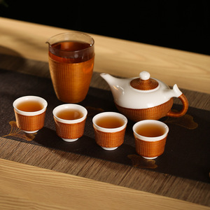 Handmade Bamboo Woven Ceramic <b>Tea</b> <b>Set</b> With Porcelain Teapot Heat Resisting Traditional Chinese Style Gift For <b>Tea</b> Ceremony - Product Image 1