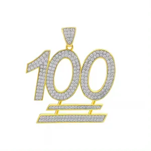 Hip Hop Hombres Diamante Piedra Encanto Collar Iced Out S925 Plata 18K Número 100 Número Colgante