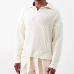 Suéter polo de malha com gola polo de algodão de manga comprida para homens, suéter personalizado de fábrica com logotipo personalizado oem odm