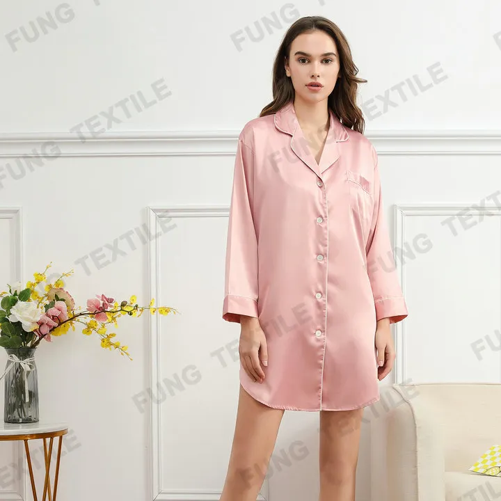 6011 Zomer Lange Mouwen Shirt Dress Party Satin Bruidsmeisje Pyjama Night Shirt Custom Vrouw Satijn Slaap Shirt