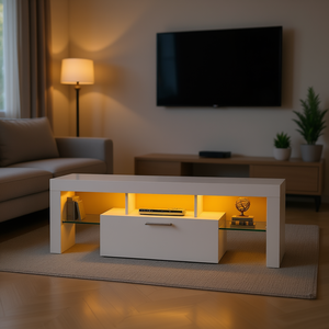 Mobile TV Bianco con Illuminazione LED, Ripiano in Vetro Temperato, Maniglia in Metallo, Arredamento Moderno per Soggiorno - Product Image 2