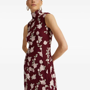 Vestido Largo sin Mangas con Cuello Alto y Estampado Floral para Mujer, Personalizado por Leduo, Elegante Vestido de Gasa hasta el Tobillo - Product Image 1