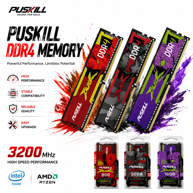 PUSKILL Desktop DDR4 RAM 8GB 16GB 32GB UDIMM 2666MHz 3200MHz 3600MHz Computer Memory for Gaming PC ECC Error Correction
