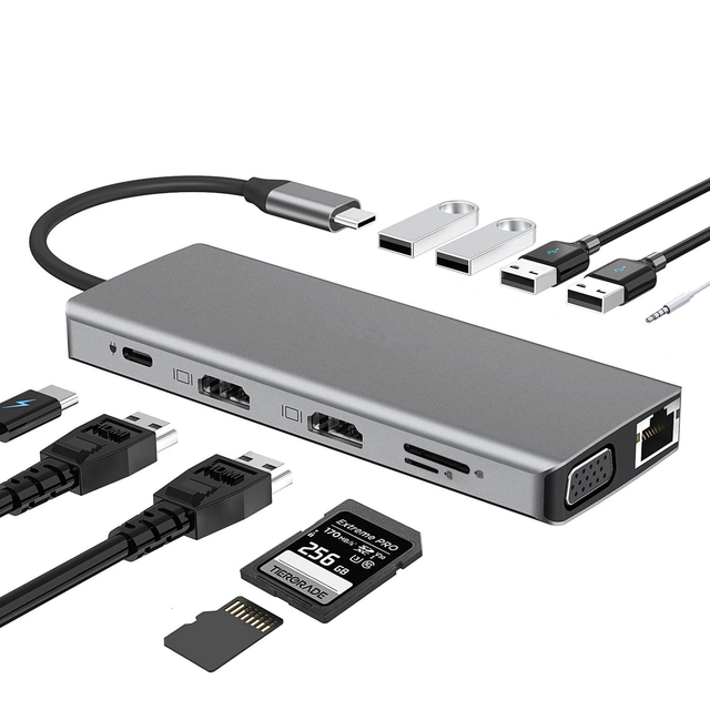 12-in-1 USB-C Universal Laptop Dock Triple Video Output MST Hub with Dual 4K HDMI VGA RJ45 Ethernet 100W Power Delivery Adapter