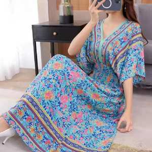 2025 été élégant rétro Style bohème robe à col en v nouveau décontracté grande balançoire imprimé longue jupe taille tombée droite pour - Product Image 1