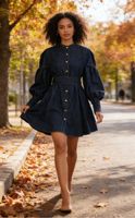 Robes décontractées en jean pour femmes, personnalisables en usine, bleu campagnard, à manches longues, lavage enzymatique, méthode de tissage.