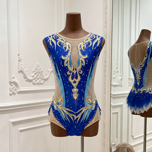 Traje de competición de gimnasia rítmica sin mangas para niñas, de spandex/algodón, azul y dorado con pedrería, para actuaciones infantiles - Product Image 3