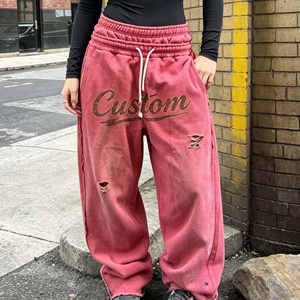 OEM Streetwear Vintage Custom Screen Printing Sweat Pants Distressed Acid Wash Flared Baggy Double Waisted Sweatpants Men - Product Image 2