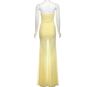 เดรสแฟชั่นผู้หญิงสีพื้นทรงเข้ารูปเอวสูงแบบไร้สายต่อผ้าตาข่าย - Product Image 6