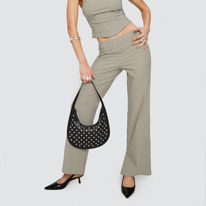 Set Coordinato da <span class=keywords><strong>Donna</strong></span> <span class=keywords><strong>con</strong></span> <span class=keywords><strong>Pantaloni</strong></span> a Zampa d'Elefante a Vita Alta <span class=keywords><strong>con</strong></span> Borchie Color Kaki, <span class=keywords><strong>Pantaloni</strong></span> Casual per Ufficio, Serate e Streetwear - Product Image 1